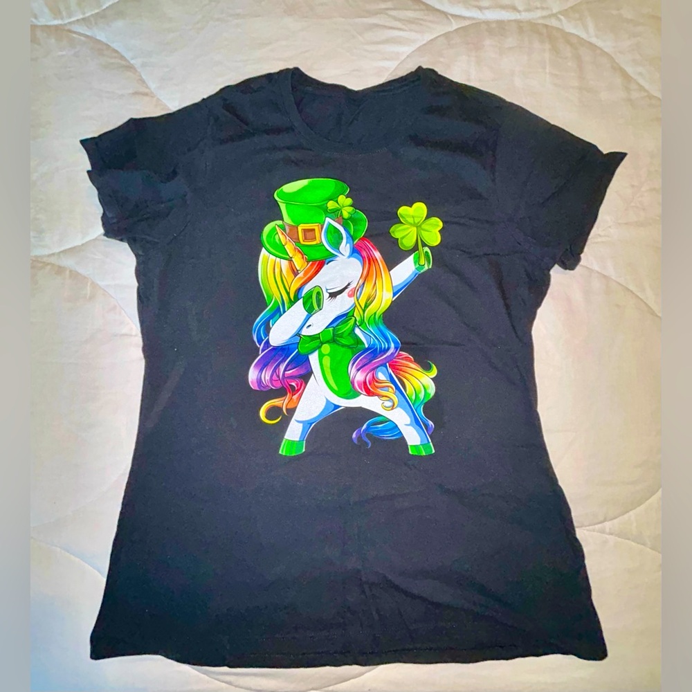 Dabbing Rainbow Unicorn Saint Patrick’s Day Black T-Shirt Size Large
